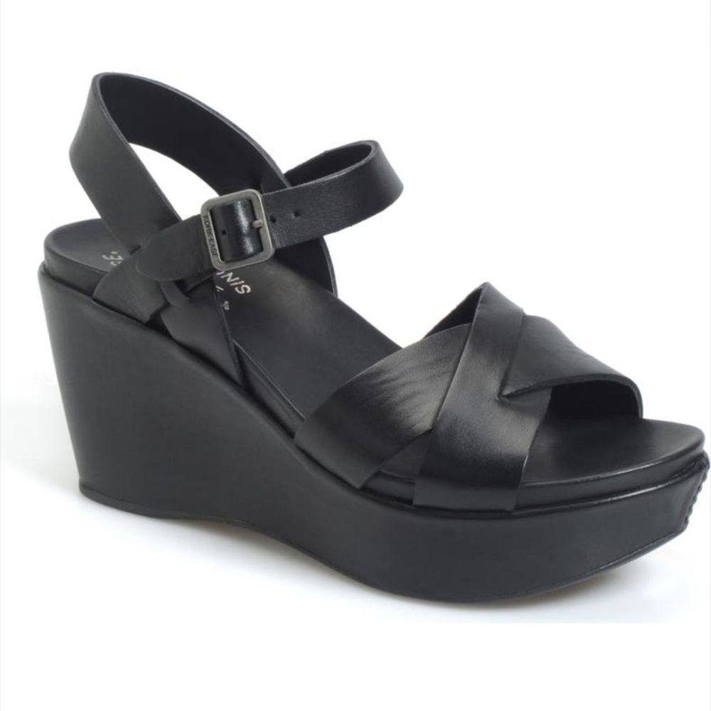Kork-Ease Black Crisscross Leather Wedge Sandals